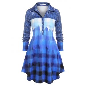 

Plus Size Half Button Plaid Ombre Color Blouse, Blue