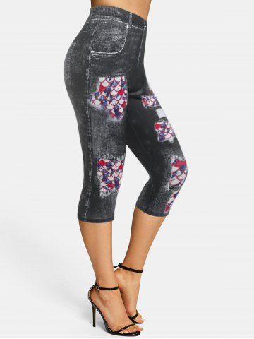 Skinny Mermaid 3D Print Capri Jeggings - BLACK - XXXL
