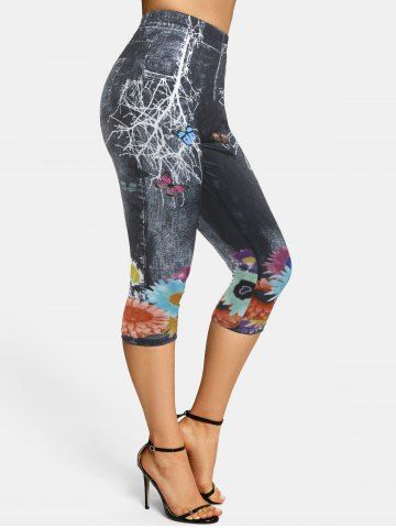 Skinny Flowers Butterfly 3D Print Capri Jeggings - BLACK - XXXL