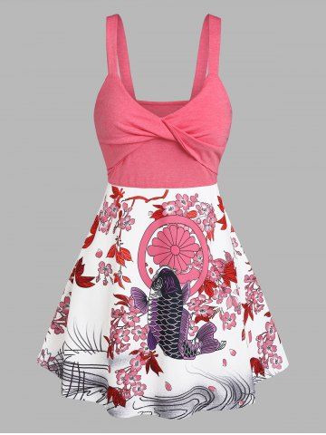 Flower Fish Print Sleeveless Twist Front Dress - LIGHT PINK - L