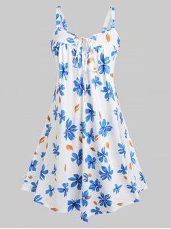 Plus Size Floral Print Lace Up Midi Cottagecore Sundress - WHITE - L