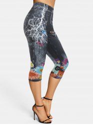 Legging Capri Moulant à Imprimé 3D Papillon et Fleur - Noir L