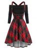 Off The Shoulder Tee and Lace Up Plaid Crisscross Suspender Dress Set -  
