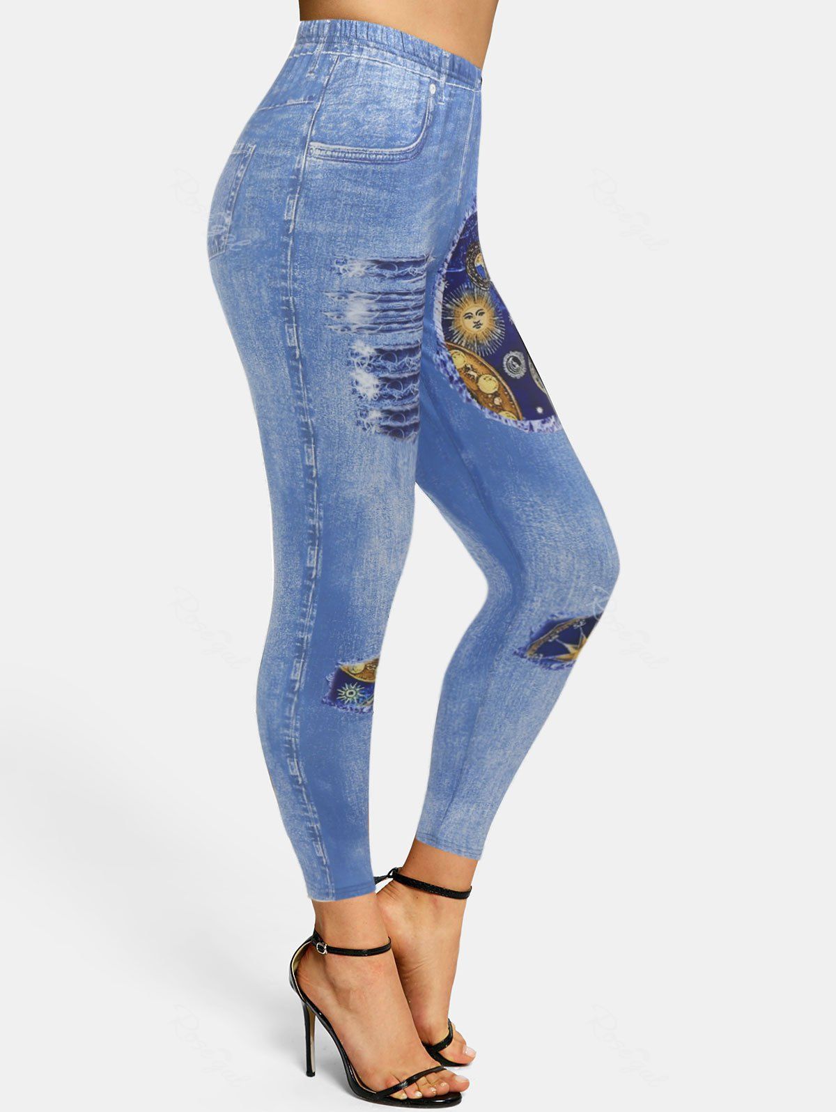 Legging Moulant Déchiré à Imprimé 3D Etoile Lune et Soleil Bleu clair M