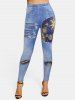 Legging Moulant Déchiré à Imprimé 3D Etoile Lune et Soleil - Bleu clair M