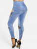 Legging Moulant Déchiré à Imprimé 3D Etoile Lune et Soleil - Bleu clair M