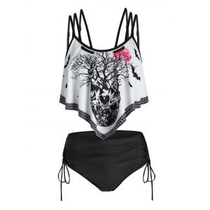 

Tree Skull Print Strappy Cinched Padded Tankini Set, Black