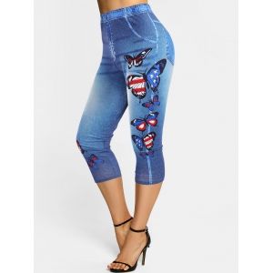 

Patriotic American Flag Butterfly 3D Print Crop Jeggings, Blue