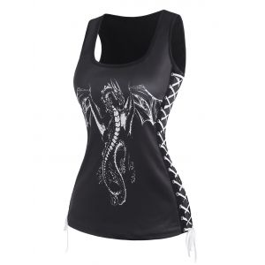 

Lace Up Dragon Dinosaur Print Tank Top, Black