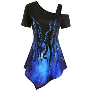 

Asymmetrical Octopus Print Skew Neck T-shirt, Multi