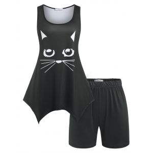 

Plus Size Handkerchief Cat Print Top and Shorts Pajamas Set, Black