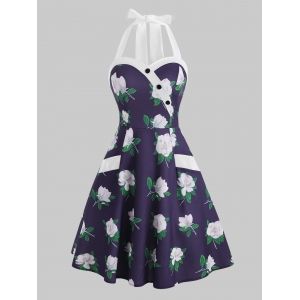 

Flower Print Halter Pocket Mock Button Dress, Deep blue