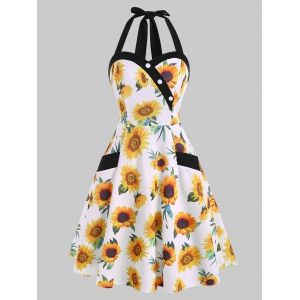 

Flower Print Halter Pocket Mock Button Dress, White