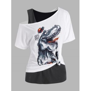 

Dinosaur Print Skew Neck T Shirt with Basic Tank Top, White