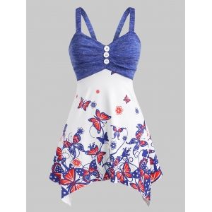 

Mock Button Patriotic American Flag Butterfly Handkerchief Tank Top, Multi