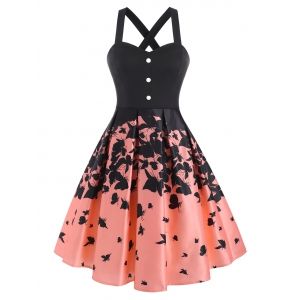 

Mock Button Criss Cross Butterfly Print Dress, Light pink