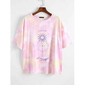 

Plus Size Astrology Sun Print Tie Dye T-shirt, Light pink