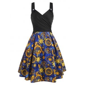 

Mock Button Criss Cross Sun Star Flower Print Dress, Deep blue