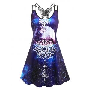

Plus Size Galaxy Astrology Plate Butterfly Back Tank Dress, Black