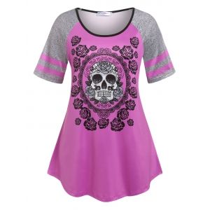 

Plus Size Skull Rose Print Raglan Sleeve Gothic Tee, Light purple