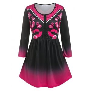 

Plus Size Printed Ombre Color Half Button Tee, Multi