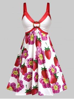Plus Size & Curve Plunge Strawberry Floral Print Dress - WHITE - 1X