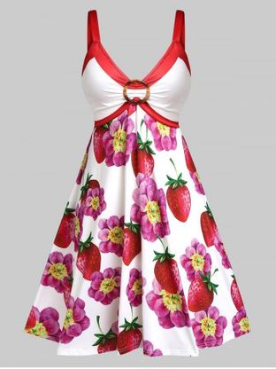 Plus Size & Curve Plunge Strawberry Floral Print Dress