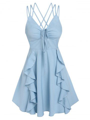 Strappy Ruffle Detail Cinched Dress - LIGHT BLUE - XL