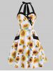 Flower Print Halter Pocket Mock Button Dress -  
