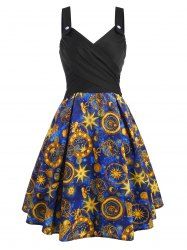 Mock Button Criss Cross Sun Star Flower Print Dress -  