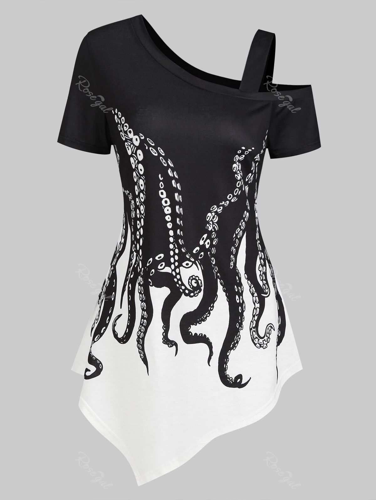 Buy Asymmetrical Octopus Print Skew Neck T-shirt  