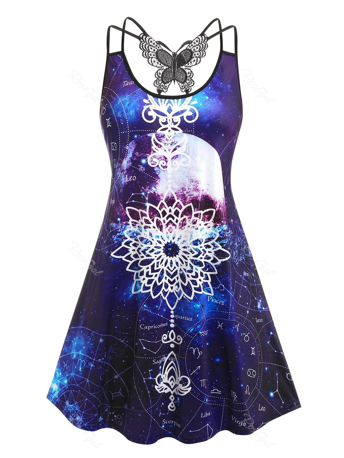 Trendy Plus Size Galaxy Astrology Plate Butterfly Back Tank Dress  