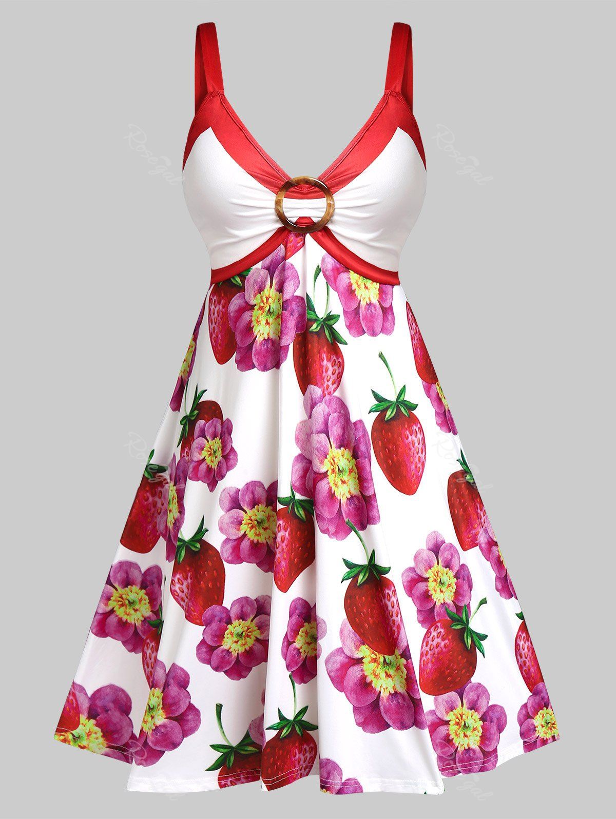 New Plus Size & Curve Plunge Strawberry Floral Print Dress  