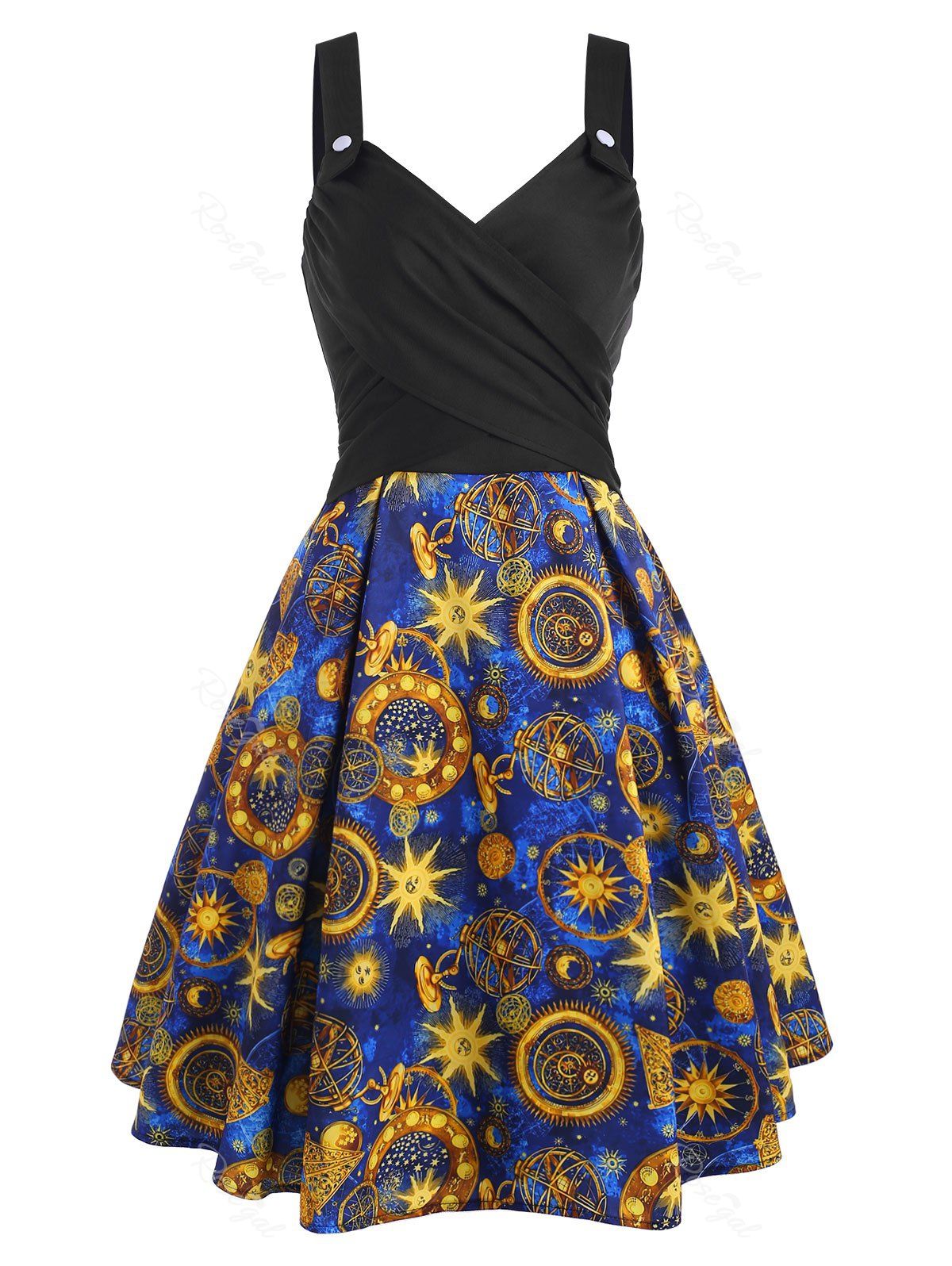 Discount Mock Button Criss Cross Sun Star Flower Print Dress  