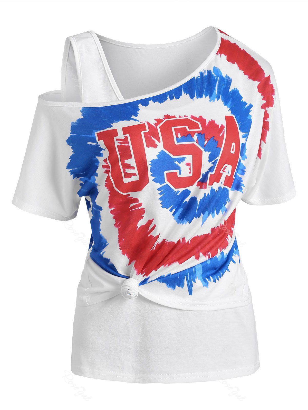 Affordable USA Graphic Tie Dye Skew Neck T Shirt with Tank Top  