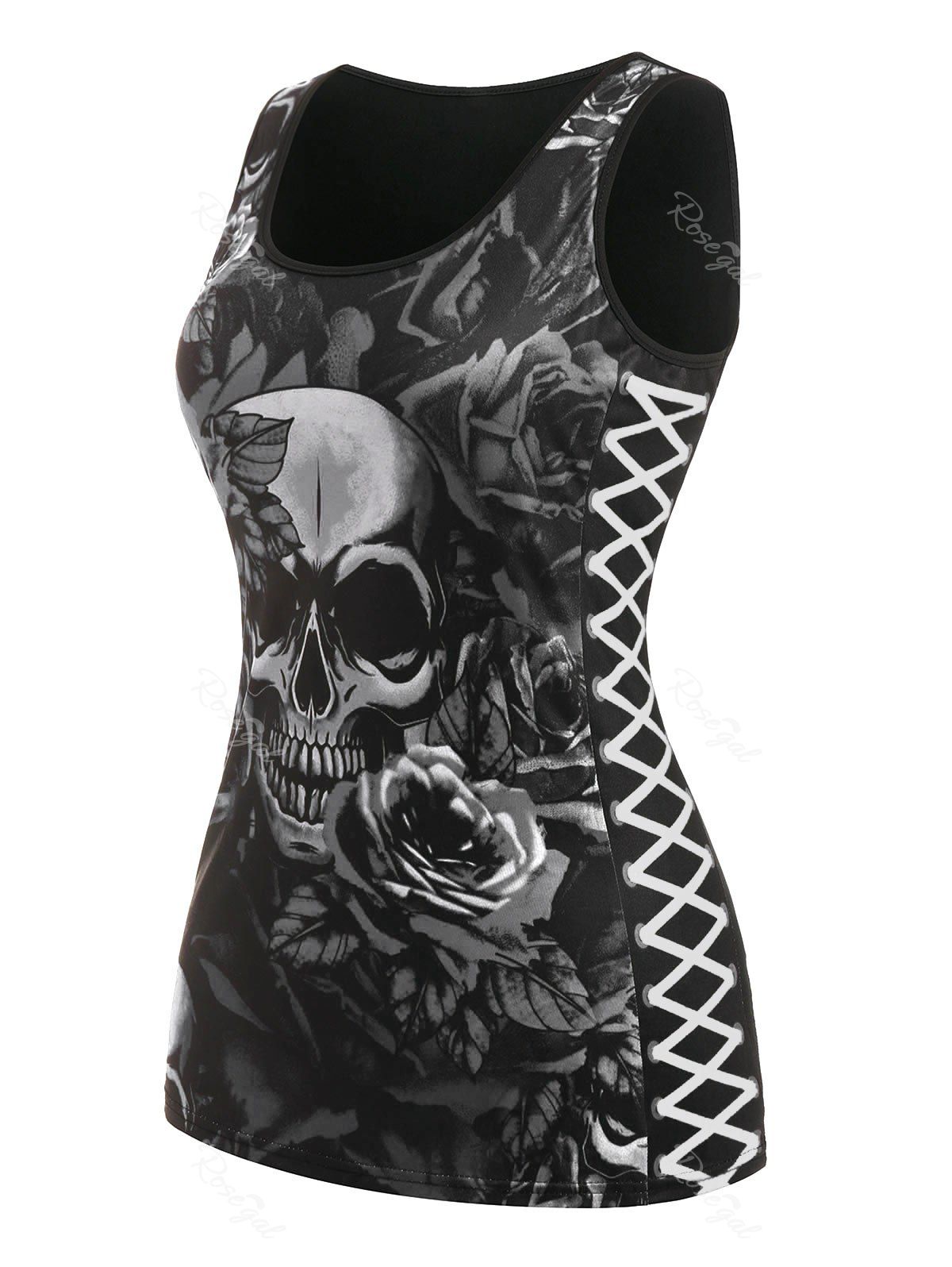 Affordable Plus Size Skull Floral Print Gothic Tank Top  