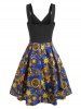 Mock Button Criss Cross Sun Star Flower Print Dress -  