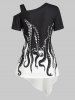 Asymmetrical Octopus Print Skew Neck T-shirt -  