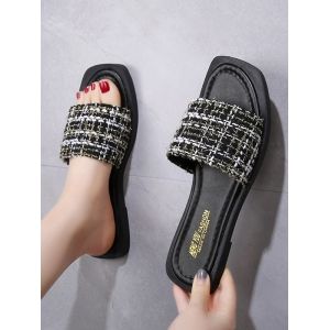 

Square Toe Tweed Vamp Slides, Black