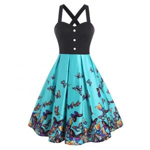 

Mock Button Criss Cross Butterfly Print Dress, Green
