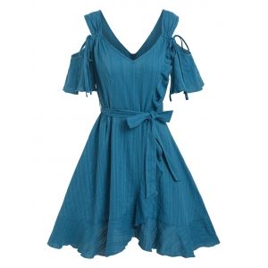 

Ruffled Cold Shoulder Flounced Dress, Deep blue