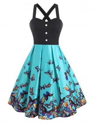 Mock Button Criss Cross Butterfly Print Dress