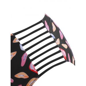 Plus Size Lip Print Push Up Ladder Cutout Bikini Swimwear