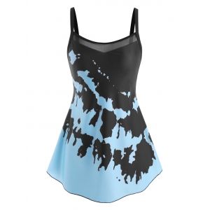 

Mesh Panel Tie Dye Keyhole Back Tankini Swimwear, Light blue