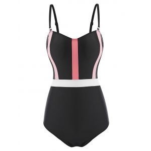 

Colorblock Striped Fishnet Insert One-piece Swimsuit, Black