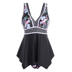 

Contrast Piping Flower Print Handkerchief Tankini Swimwear, Black