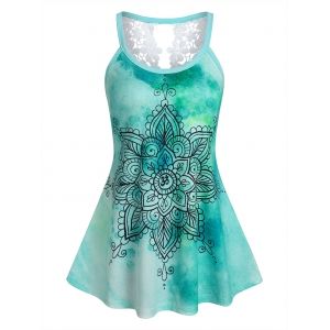 

Lace Insert Bohemian Flower Tie Dye Print Tank Top, Light green