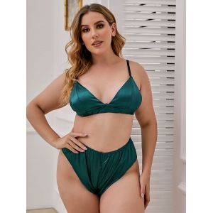 

Plus Size Silky Satin Bra Set, Deep green