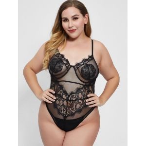 

Scalloped Eyelash Lace Mesh Plus Size Lingerie Teddy, Black