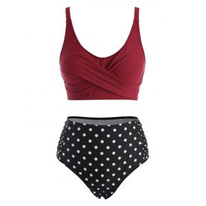 

Polka Dot Colorblock Ruched Criss Cross Tankini Swimwear, Deep red